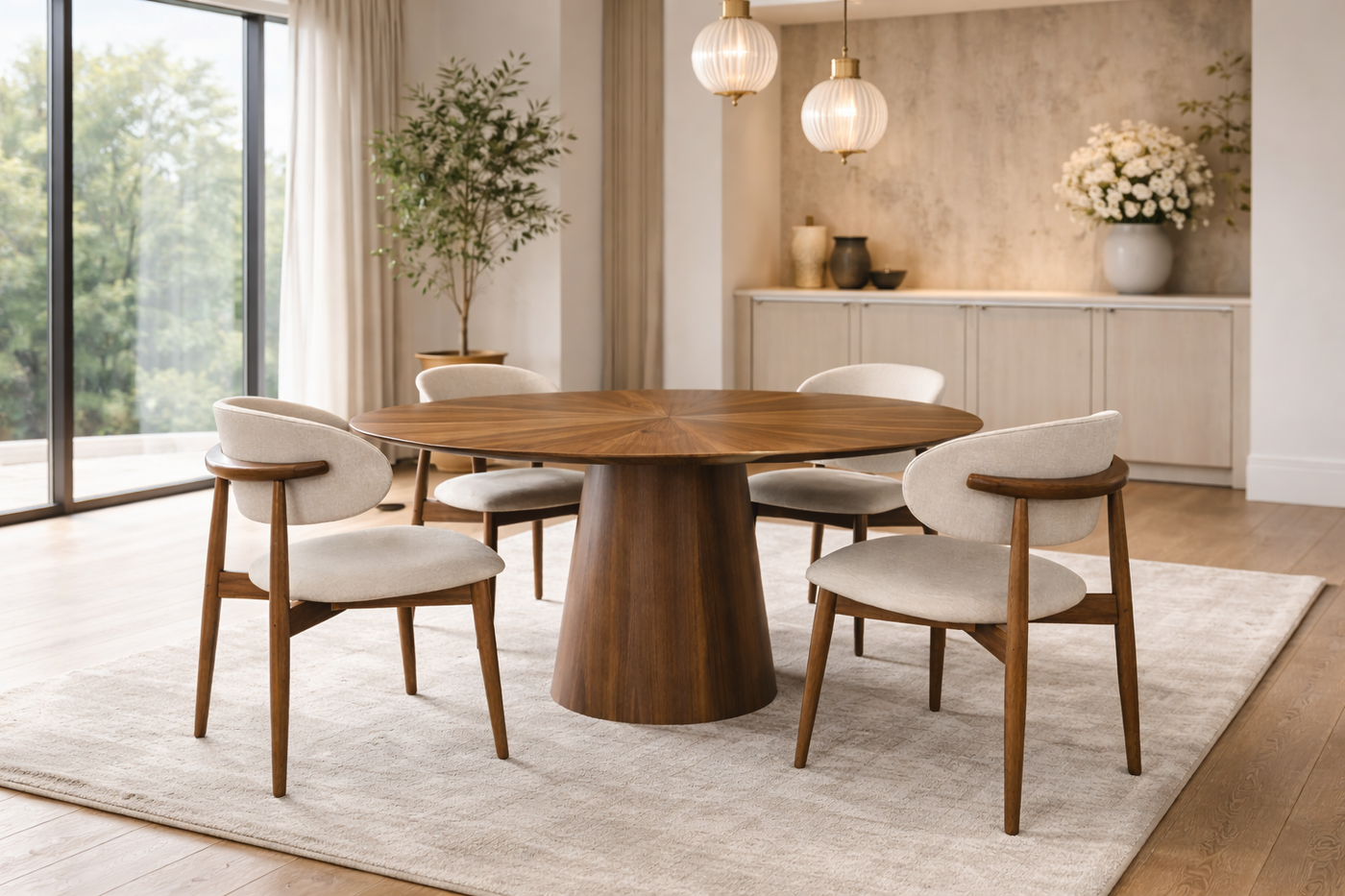 Table ronde en noyer massif design avec pied central dans une salle à manger élégante et lumineuse avec chaises en tissu beige